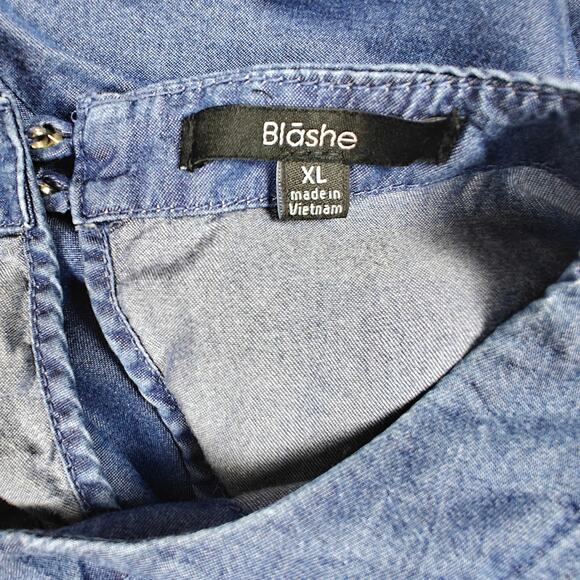 Blashe Chambray Puff Sleeve Cropped Top Blue Drawstring Hem Size XL - Picture 5 of 8